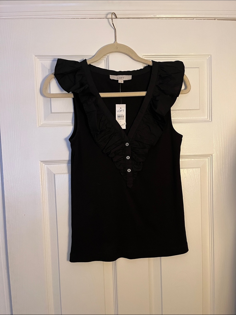 LOFT Black Ruffle V-Neck Sleeveless Blouse
